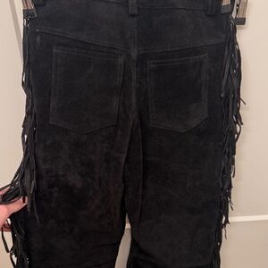 Men Black Suede Western Style Cowboy Leather Pant With Fringe